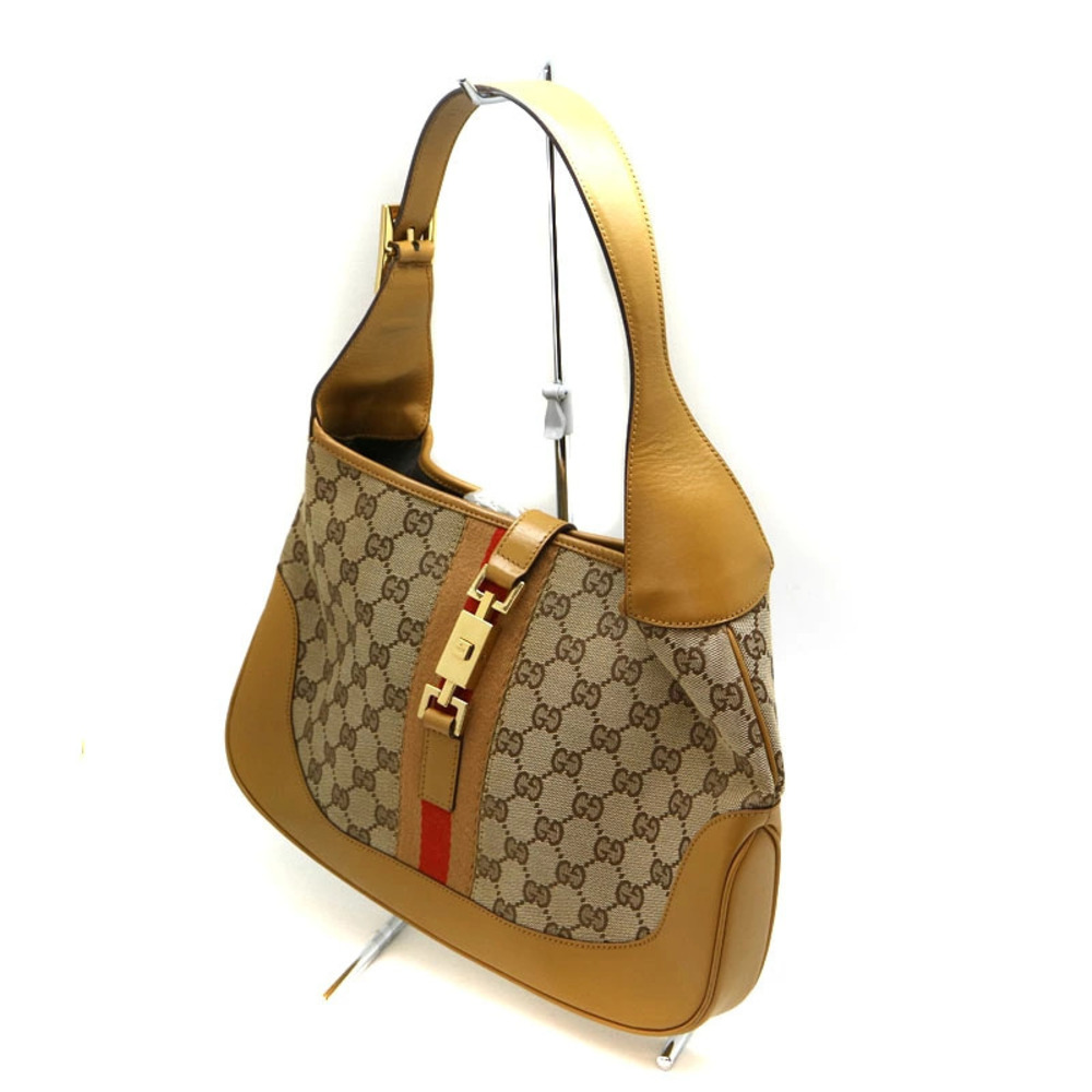 GUCCI Jackie Hobo Bag Leather Canvas Beige